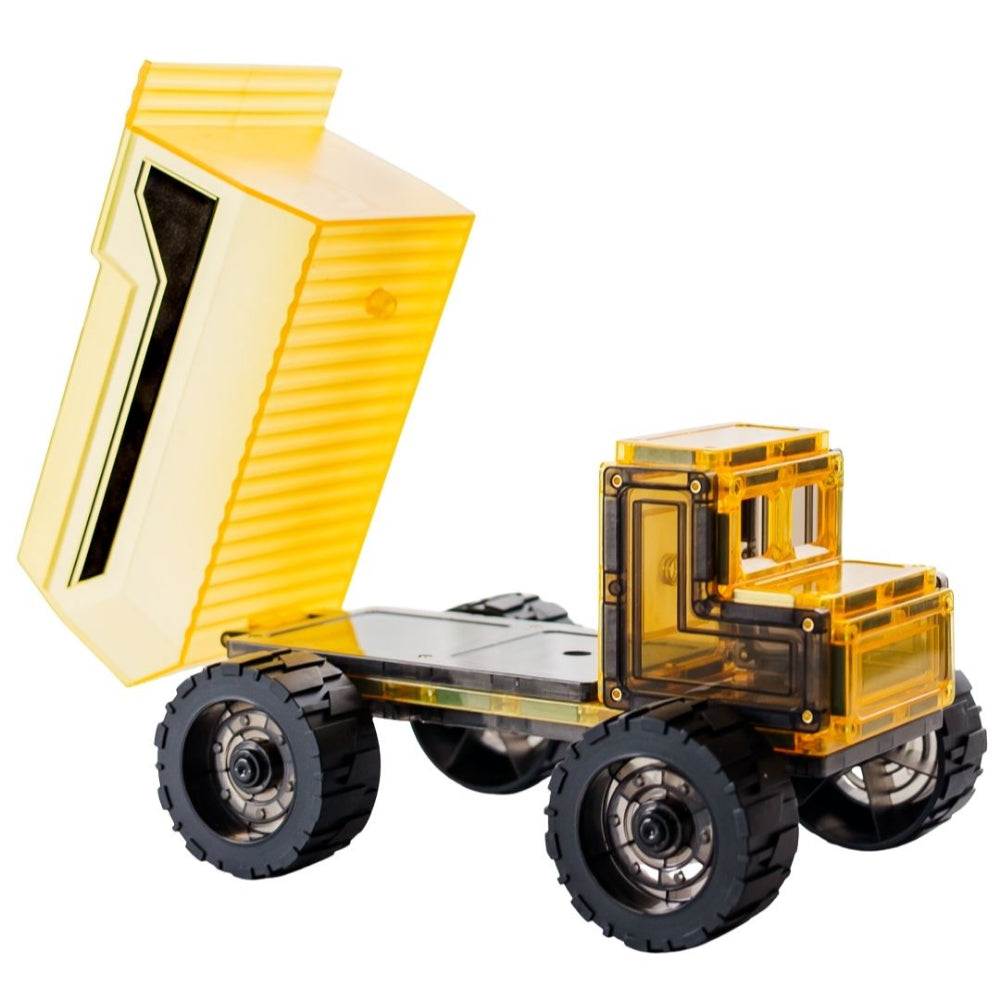 Magnetic tile dump truck with yellow bed and black and yellow body on a white background