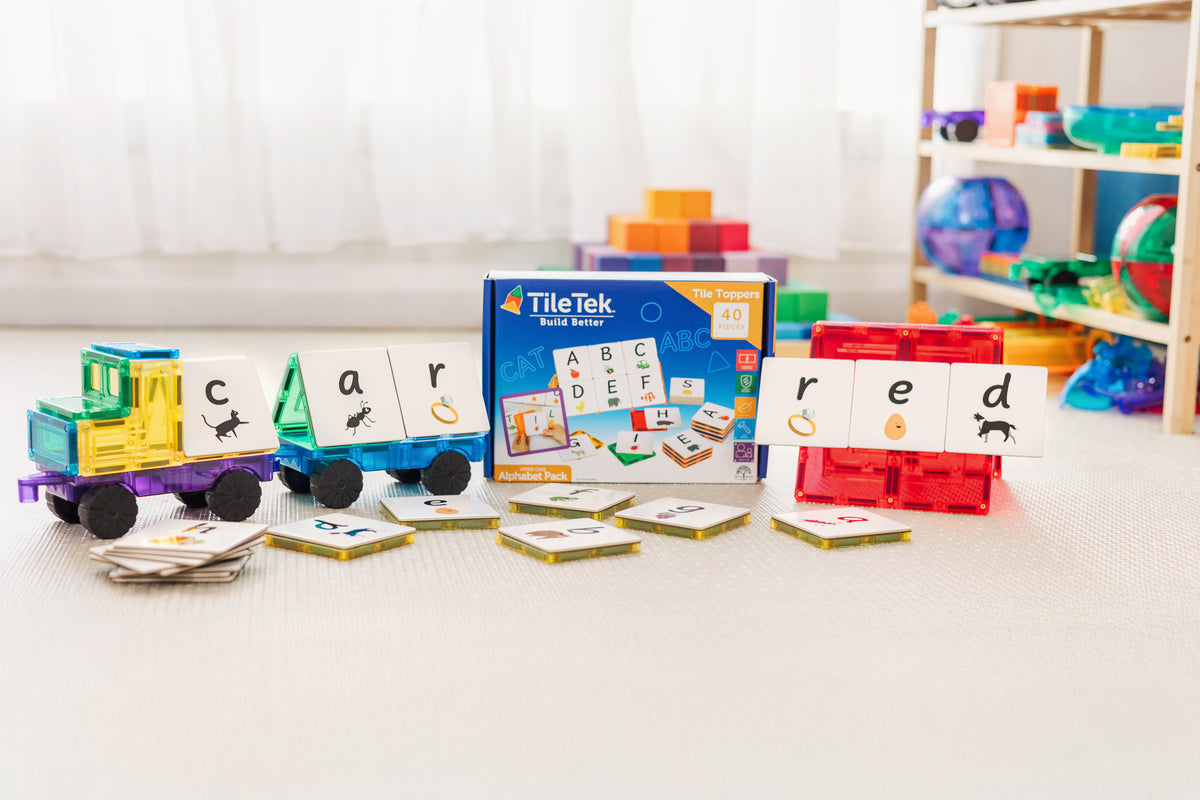 40 Pieces Tile Toppers Lower Case Alphabet Pack - Product & Packaging