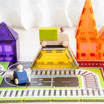 Colourful magnetic houses and train tile toppers with lubulona wooden cars