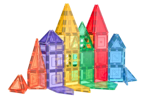 Colourful magnetic building blocks on a white background using TileTek tiles