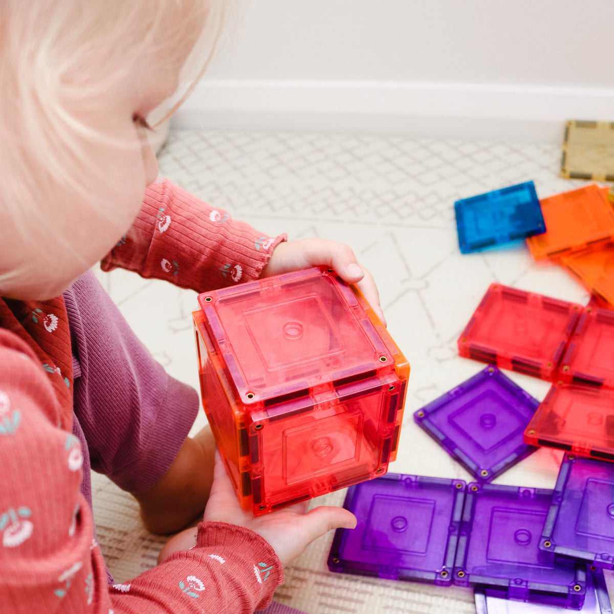 36 Pieces Square Tiles - Child Playing with Magnetic Tiles