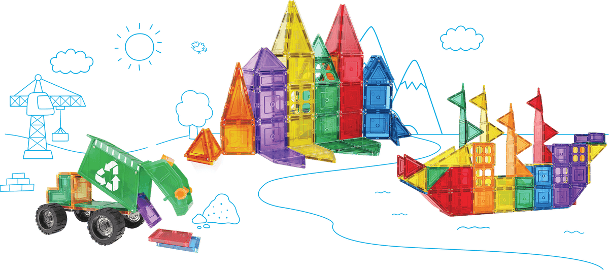 TileTek magnetic tiles built into a city, with a truck and line drawings