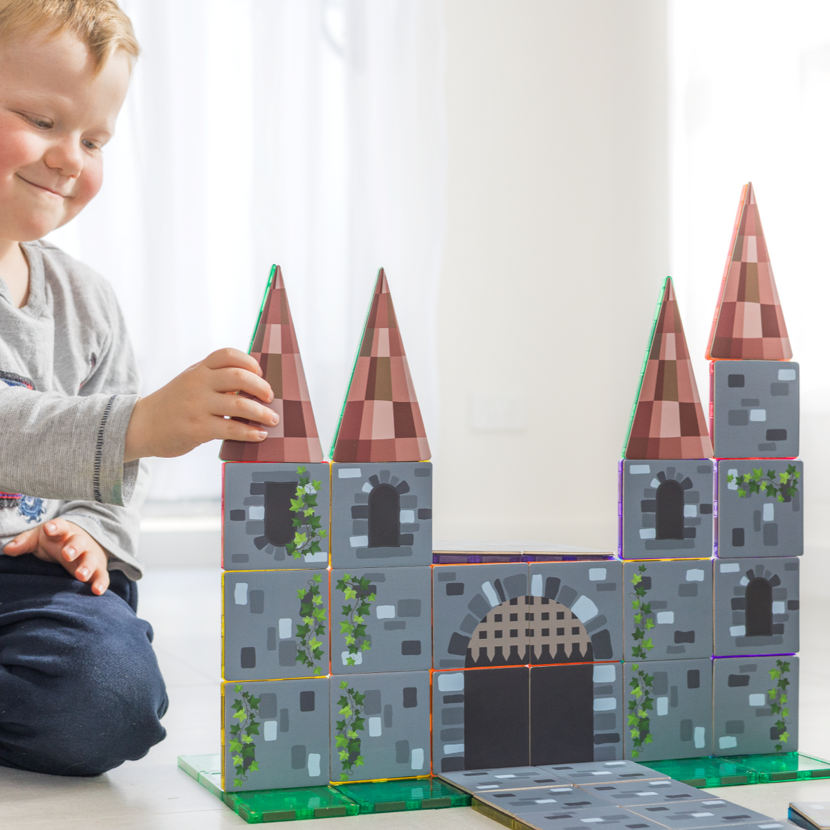 40 Pieces Tile Toppers Castle Pack - Child Building a Castle
