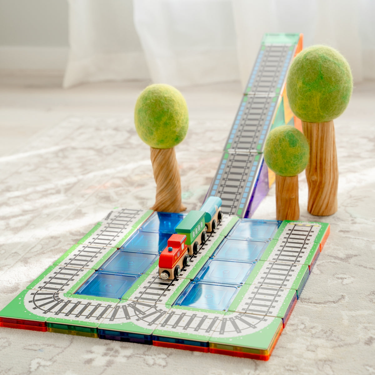 36 Pieces Tile Toppers Train Pack - Train Track Layout with Trees