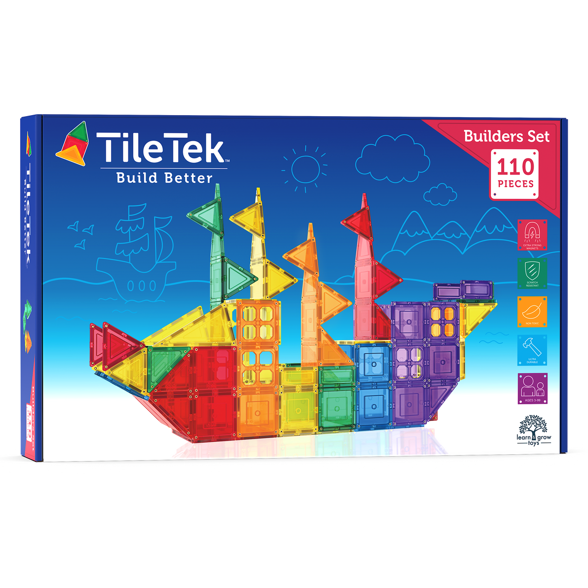 Learn & Grow Toys - Magnetic Tiles - Builders Pack (110 Piece)