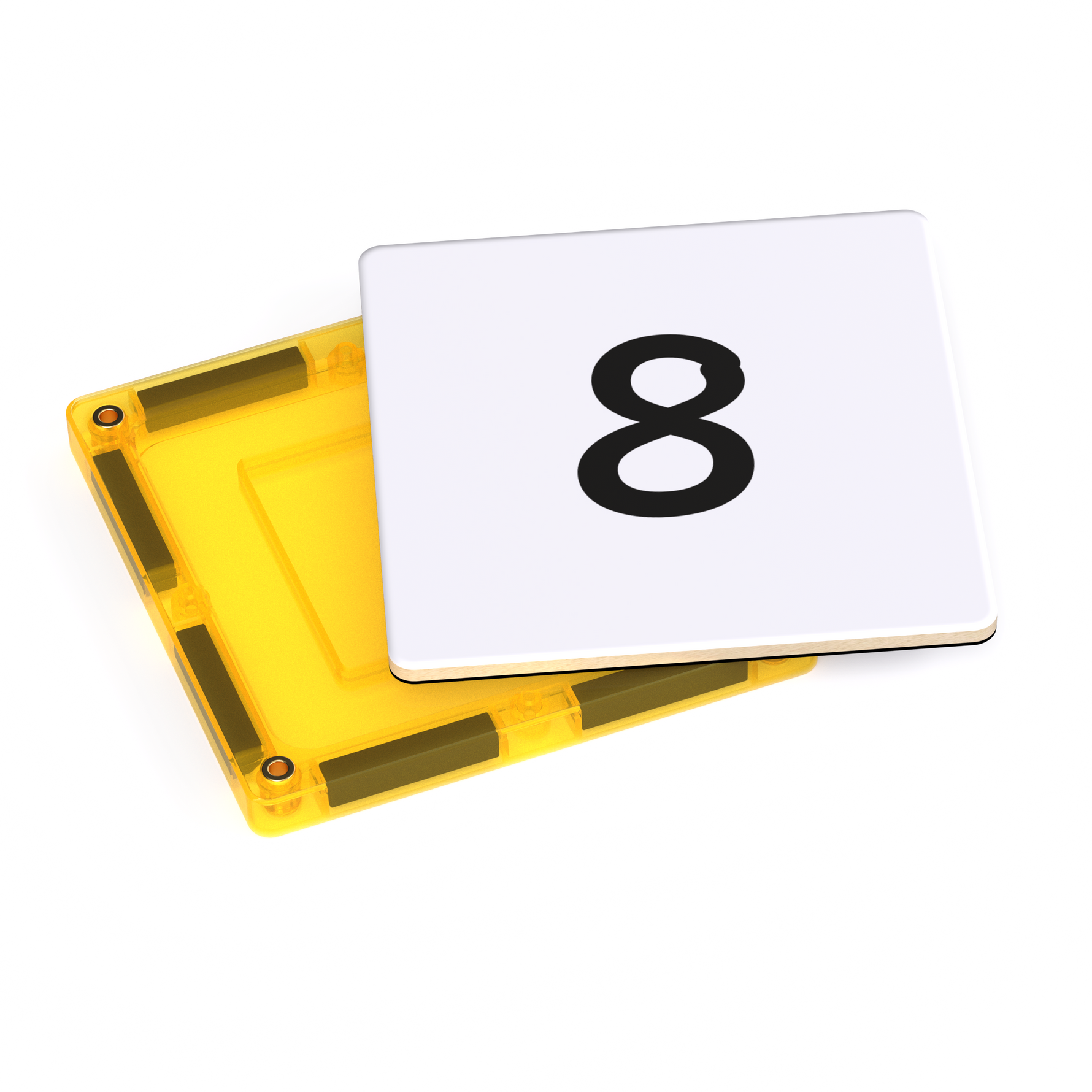 Yellow magnetic tile with topperdisplaying the number 8 on a white background