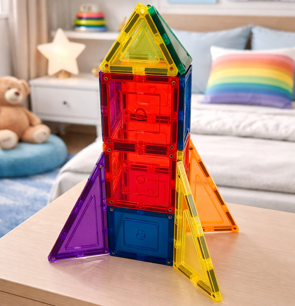 Colourful magnetic rocket on a table with a child's room in the background
